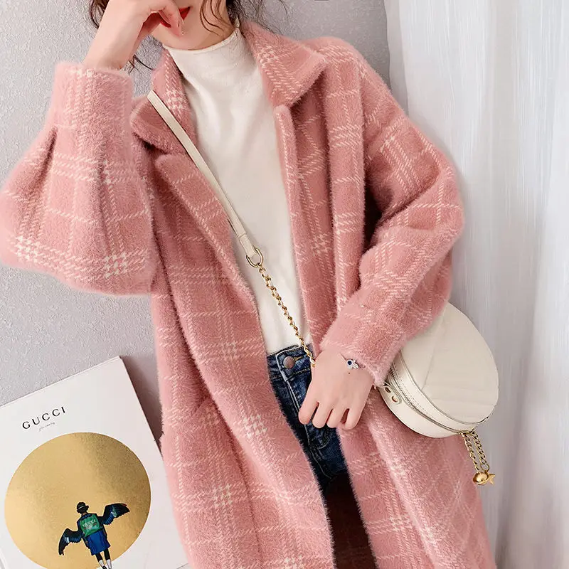 Осенне зимний свитер вязаная куртка из искусственной норки и бархата Женский