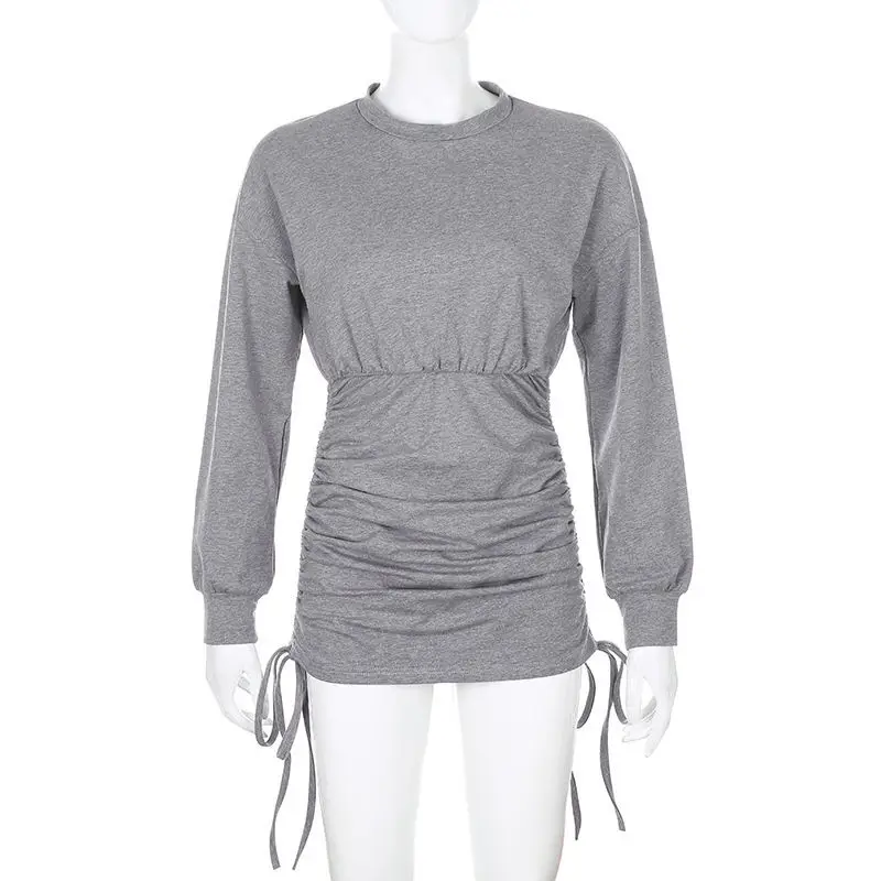 

2020NEW Ribbed Mini Dress Women Sexy Party O Neck Drawstring Knit Club Women's Summer Dresses