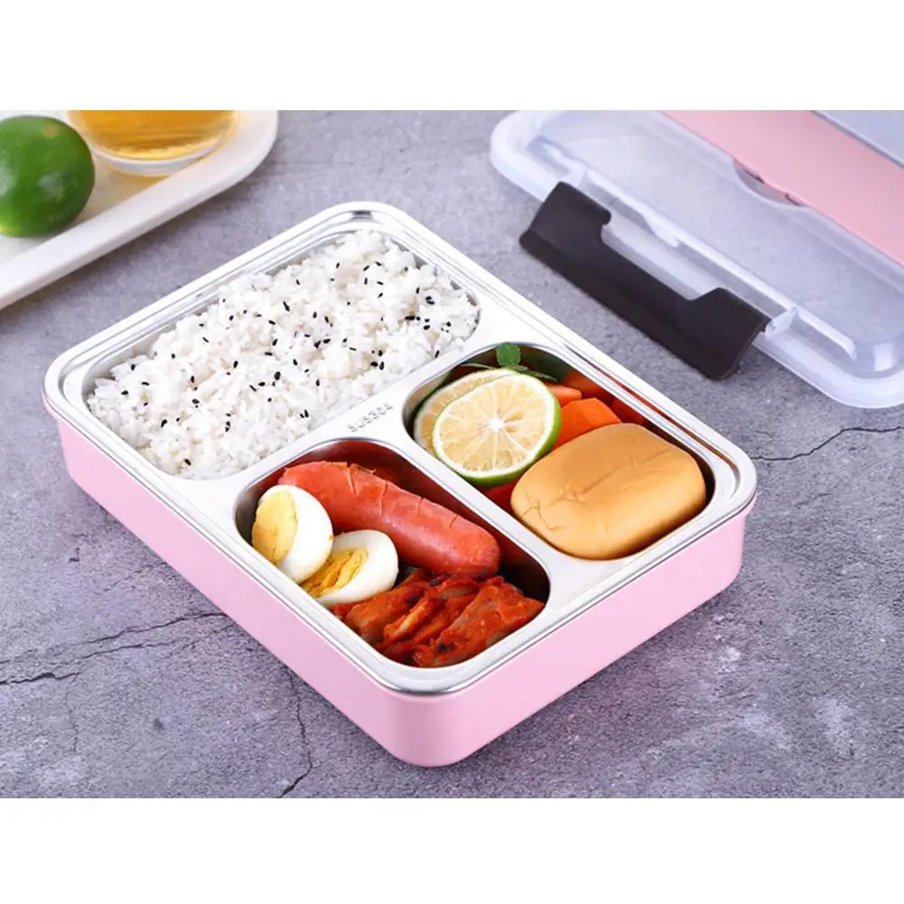 Bento Box Lunchbox 3 Compartments Anti-scald Stainless Steel Rectangular Lunch with Spoon Chopsticks for Student Office Lady | Дом и сад