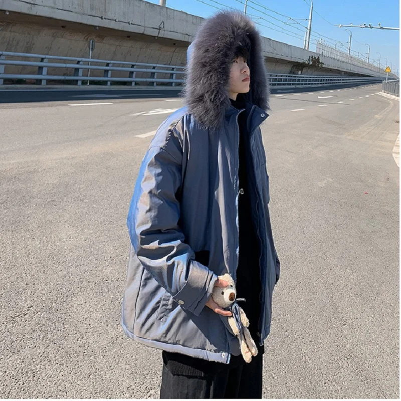 Cartoon Padded Jacket Plus Velvet Padded Fur Collar Hooded Padded Jacket Male Ins Tide Brand Loose Student Winter Jacket