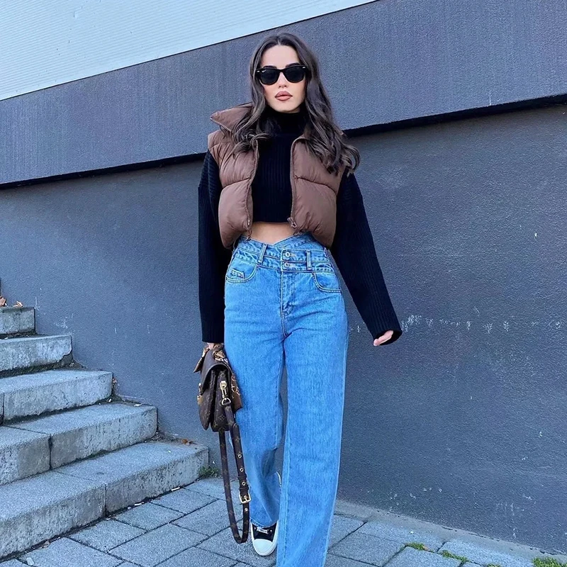 

Модный женский осенний теплый жилет xikom с воротником-стойкой и хлопковой подкладкой, женские элегантные однотонные простые пальто на молни...