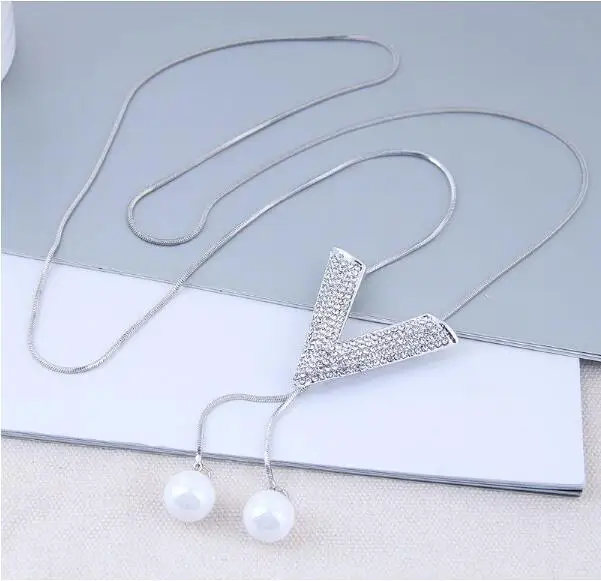 Металлическая цепочка Серебряная Стразы V-образная Подвеска Ожерелье женское