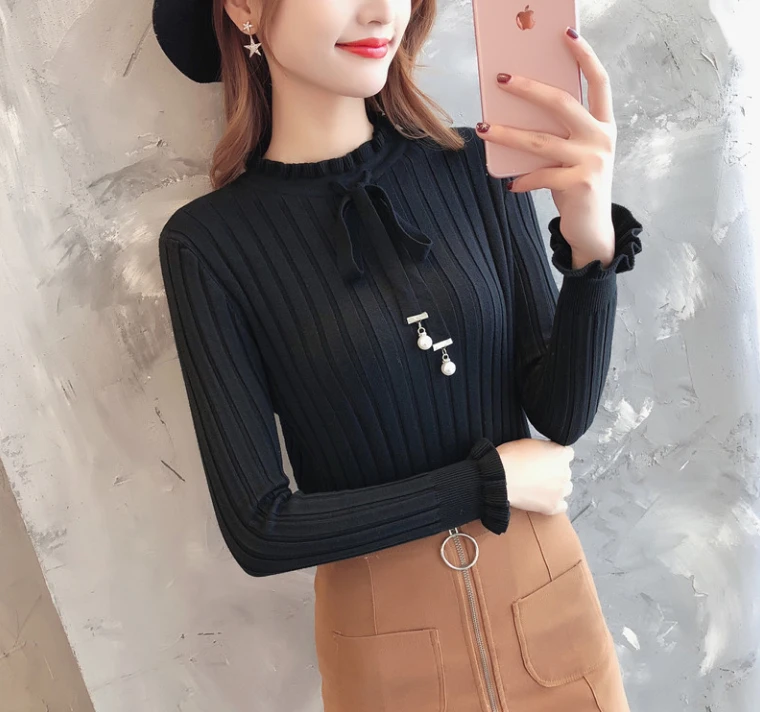 

Women's Bowknot Ruffled Sweater Nice Autumn Winter Pop Turtleneck Vintage Slim Elasticity Pullover Knitted Sweater Female Jumper