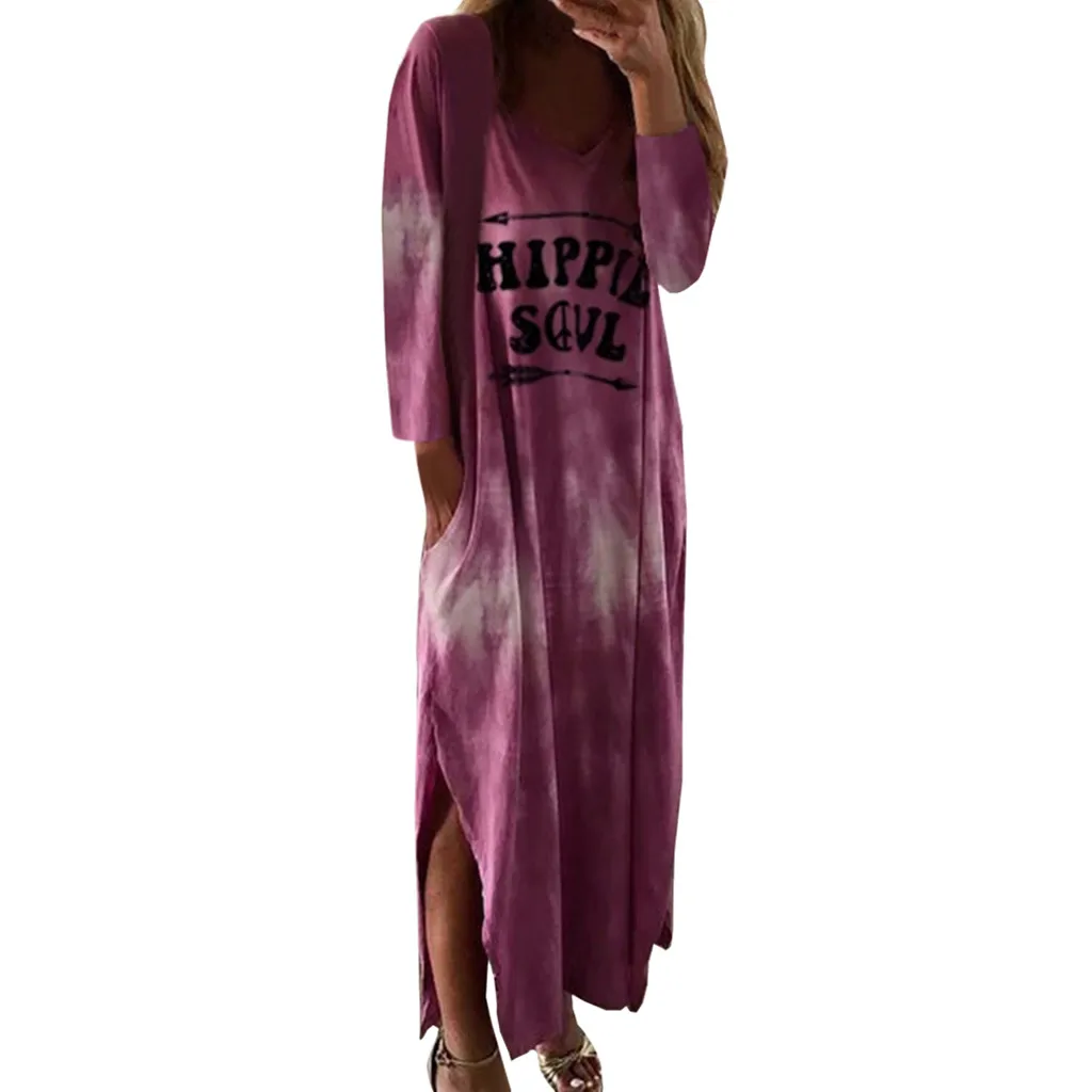 Tie Dye длинное платье для женщин хиппи душа печати о-образным вырезом свободного покроя с длинным рукавом рубашка макси платья размера плюс сплит винтажное платье