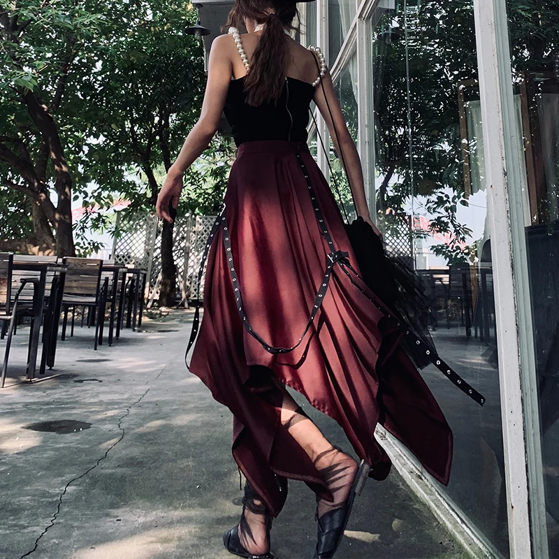 LANMREM Solid Color Stitching Ring Webbing High Waist Irregular Woman Skirt Wild Casual Fashion 2020 Autumn New TV351 | Женская одежда