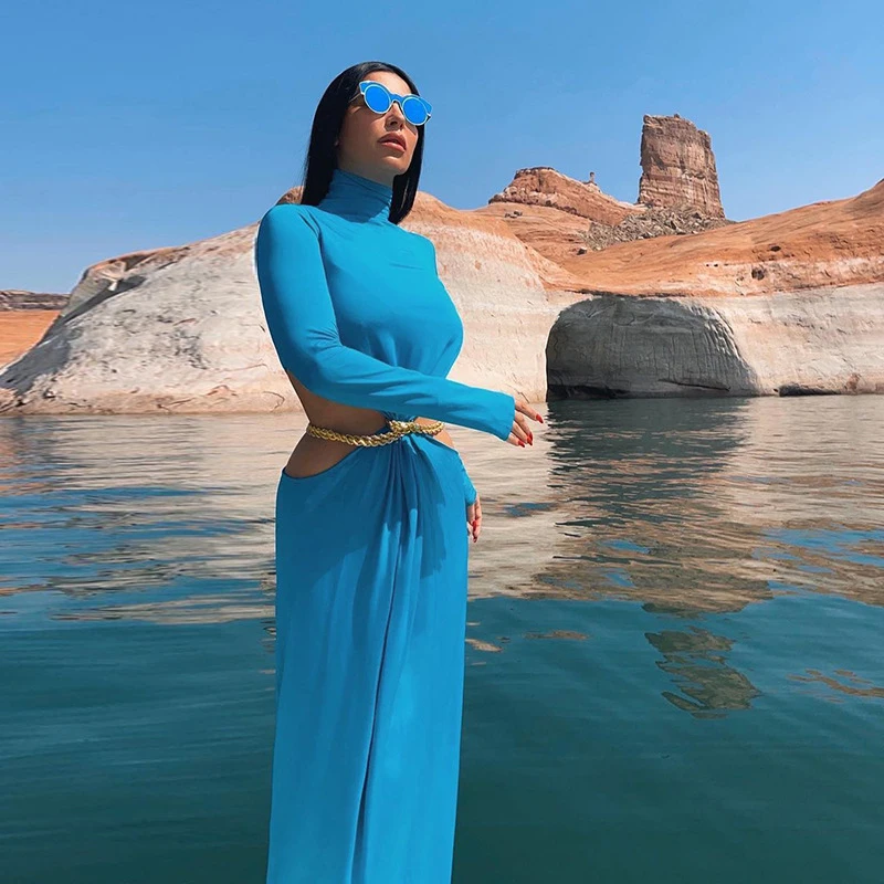 

Женские однотонные платья до щиколотки с длинным рукавом, сексуальное элегантное прямое ажурное платье с высоким воротником