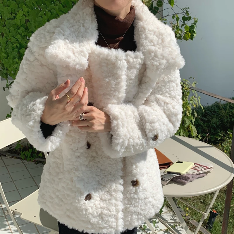 

Alien Kitty Solid Lambswool Warm Outerwear Women 2020 New Double Breasted Casual Street Loose Winter Coat Plush Jackets Tops