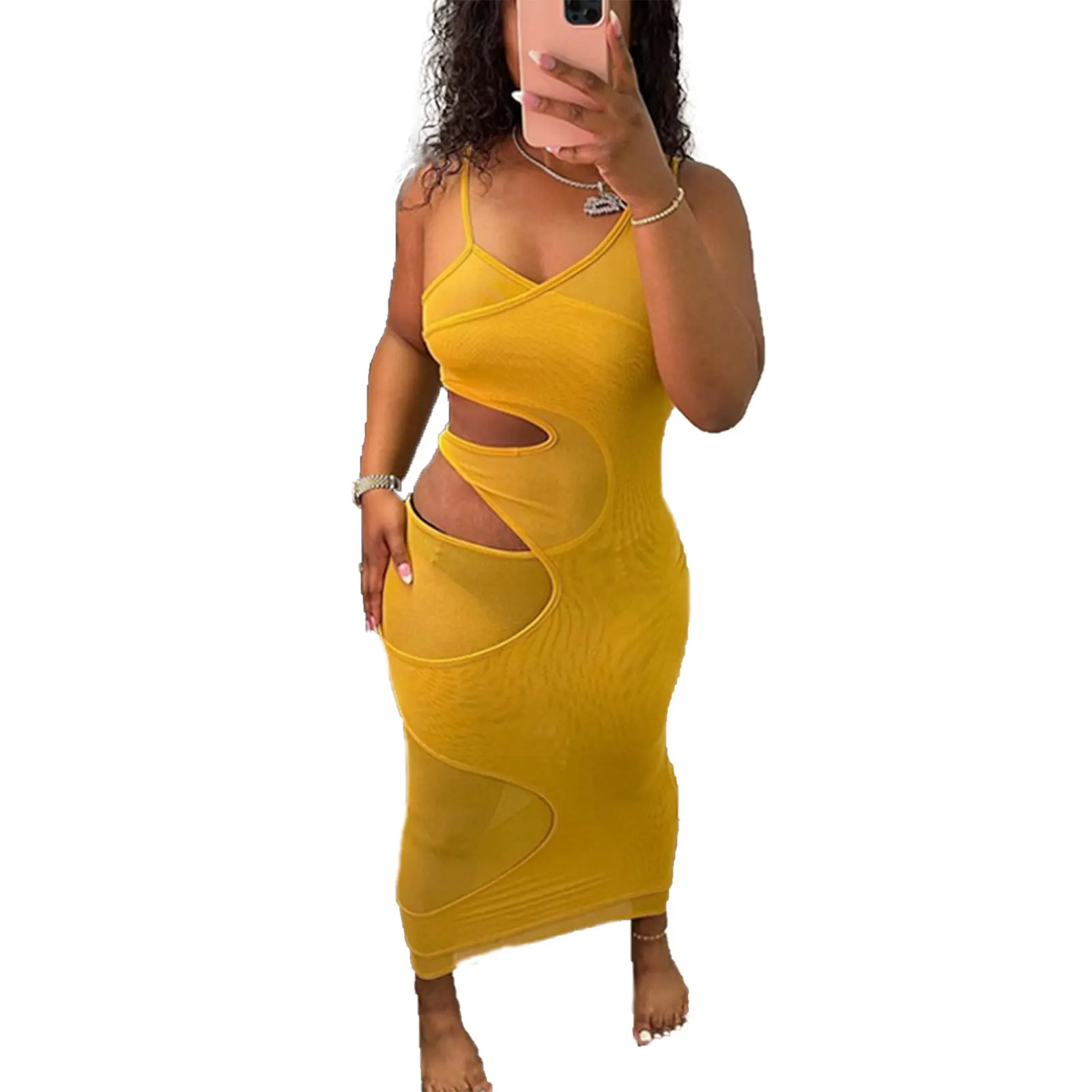 

Женское однотонное платье-макси на бретельках, прозрачное облегающее длинное платье без рукавов с вырезами, праздничный сарафан, 3 цвета, на лето