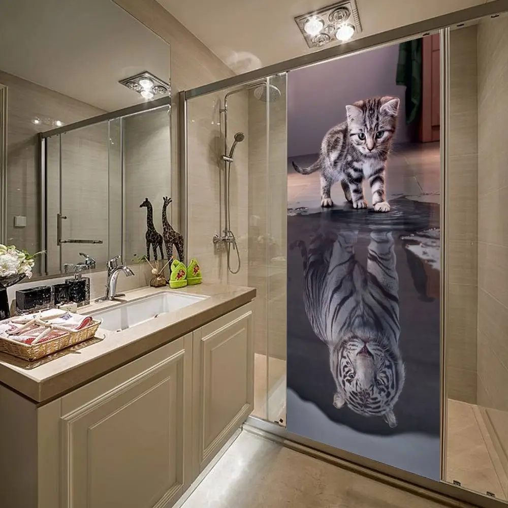 

3D Cute Kitty Reflection Tiger Decoration Sticker DIY Door Sticker Waterproof Removable Door Sticker