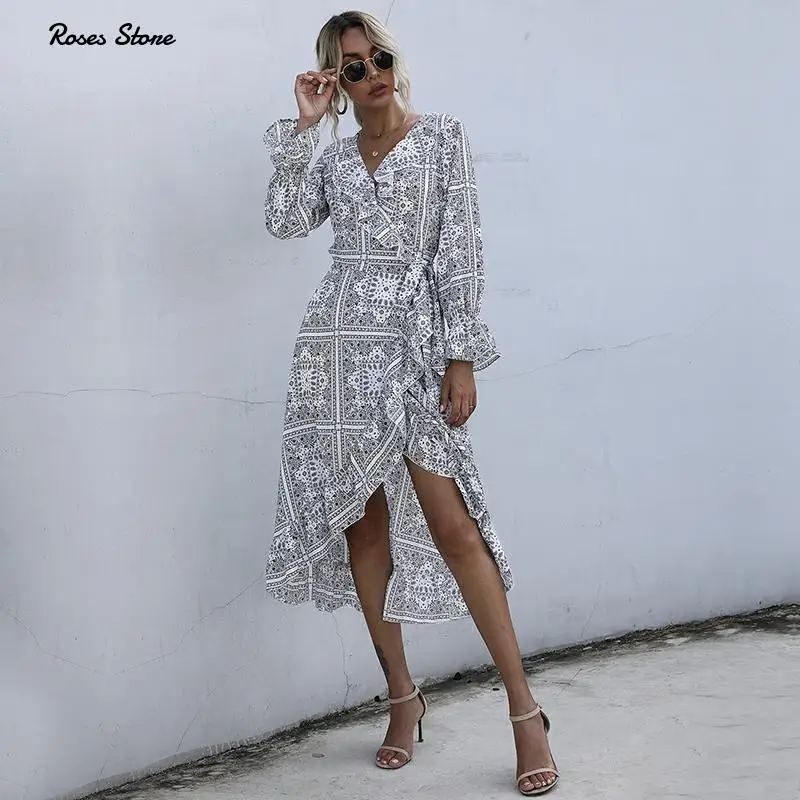 

Wrap dress autumn 2020 new long sleeve ruffle ladies' streetwear beach holiday fall dresses fashion casual bohemian clothes Sexy