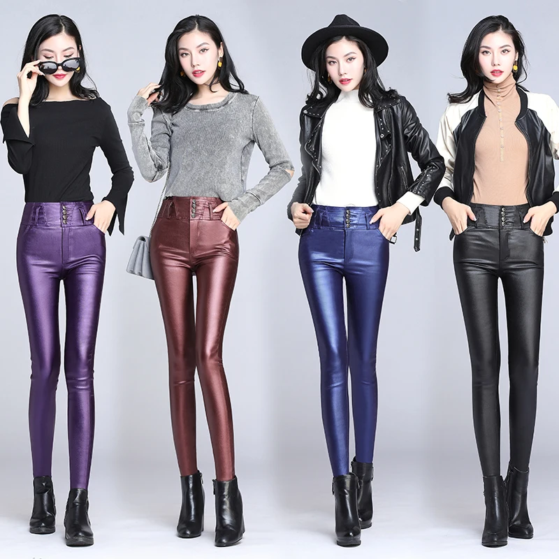 Осенние и зимние плюс бархатные теплые брюки карандаш из искусственной кожи