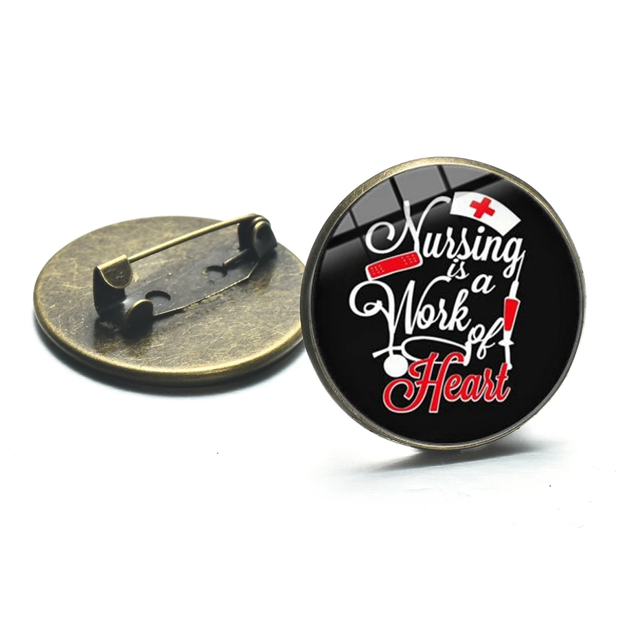 SIAN Cool Style Nurse Symbol Brooch Nursing Is A Work of Heart Cap Stethoscope Glass Round Brooches Hospital Clothes Pins | Украшения и