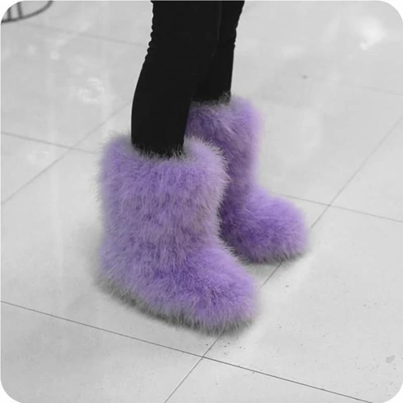 Purple 15CM ASILETO/зимние женские теплые ботинки; теплые лыжные ботинки на плоской подошве с натуральным мехом страуса и перьями; botte; T553 - Цвет: Purple 15CM