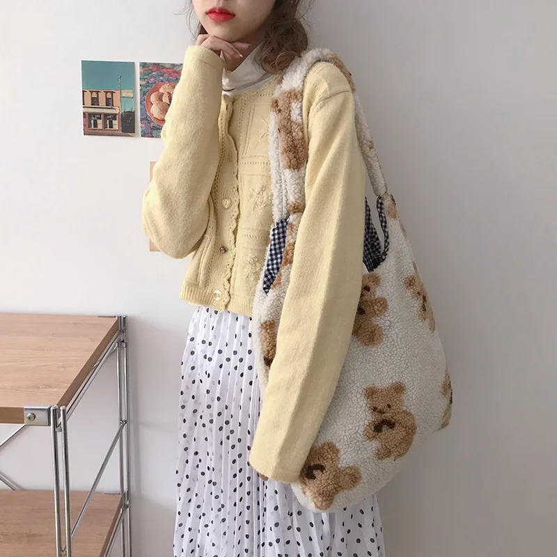 

Women Plush Shoulder Bag Warm Cloth Fabric Handbag Soft Canvas Tote Large Capacity Shopping Bags Cute Bear Book Bags For Ladies