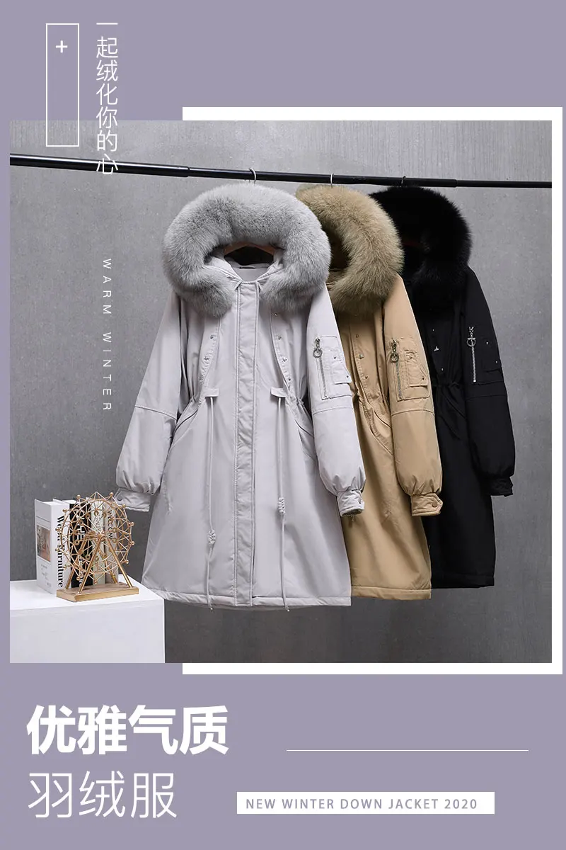 

Feminine Parkas 2020 New Large Fox Fur Collar Hooded Outwear Thick Medium-long Long Sleeve Jackets Slim Waist Warm Down Coats