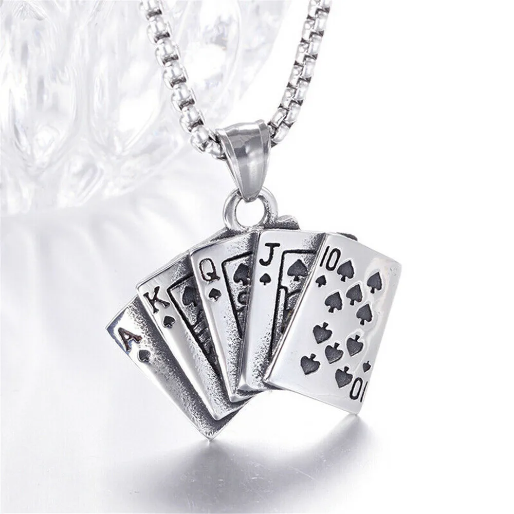 

Mens Hip Hop Good Luck Poker Card Spade Pendant Necklace Stainless Steel