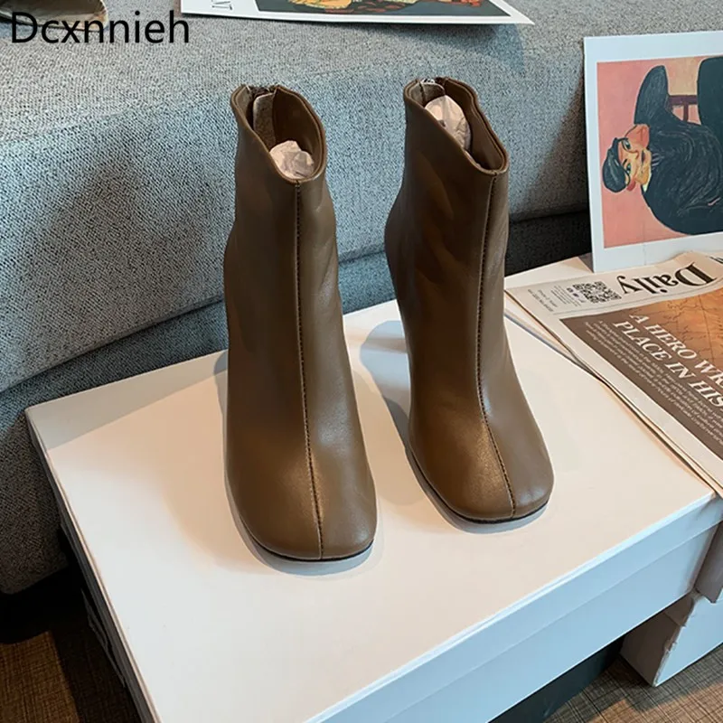 

Autumn New Square Toe Genuine Leather Chelsea Boots Women High Heels Short Ankle Boots Women Back Zip Winter Boots For Woman