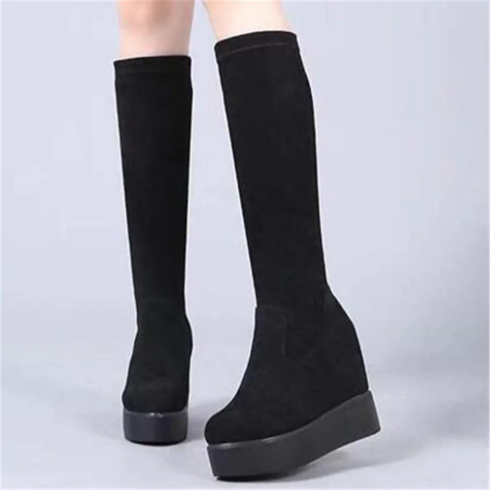High Tube Boots Women 2022 New Flock Rear Lace Up Knight Booties Thick Bottom Shoes Inner Increase Elastic Fashion Boots Black