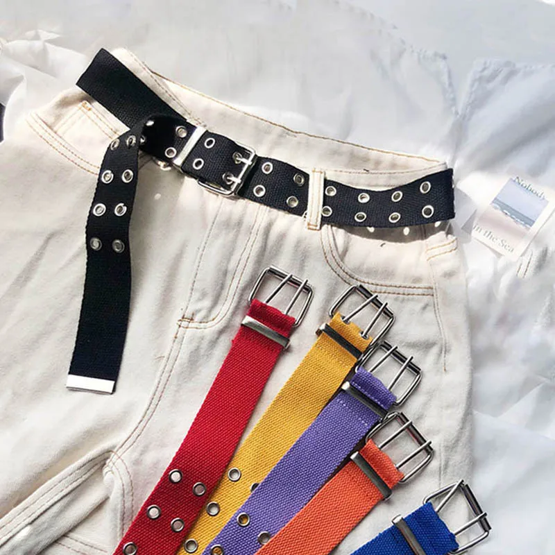 

Повседневный ремень унисекс из парусины в стиле панк с двумя рядами отверстий и квадратной пряжкой, ремень на талию белого и черного цвета, ...