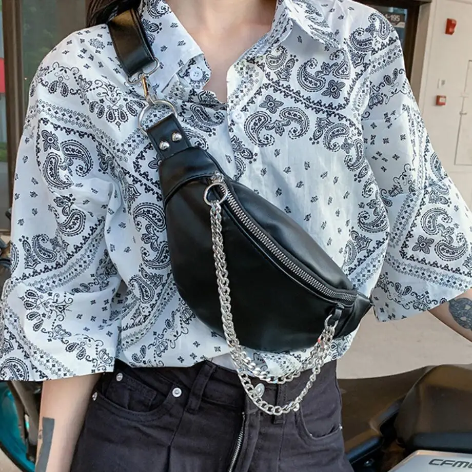 

Locomotive wind Black Chest bag 2021 Fashion New PU Leather Women's Designer Handbag Travel Shoulder Messenger Bag Waist bag