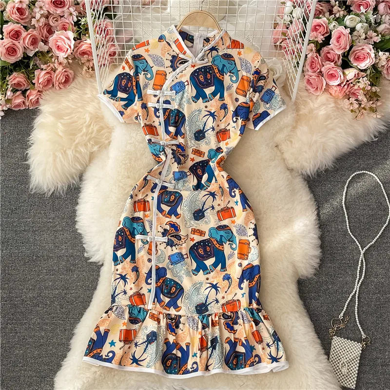 

2021 summer new style stand-up collar printing cute cheongsam dress
