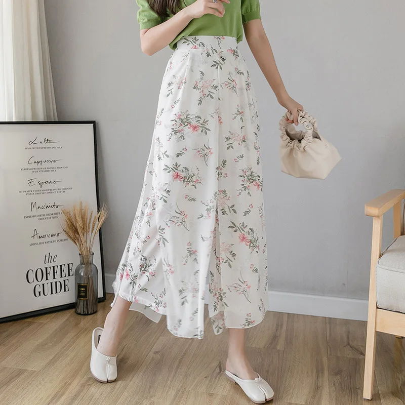 

3 Colors Korean Fashion Women's Summer Chiffon Skirt Pants Streetwear Elastic Waist Thin Split Floral Printing Wide Leg Pants