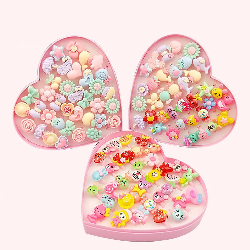 

36Pcs Kids Rings Kawaii Set Cartoon Acrylic Resin Adjustable Ring Flower Heart Style For Girls Children's Gift Toys Jewelry Box