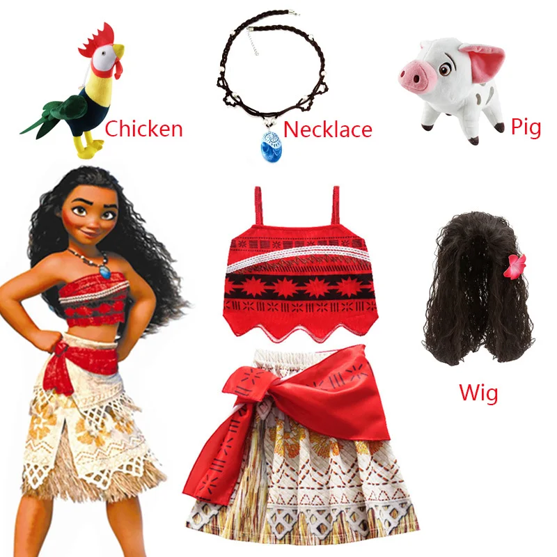 

Moana Kids Girls Clothes Cosplay Princess Dress Vaiana Girls Party Costume Dresses with Necklace Pet Pig Chick Girl Set