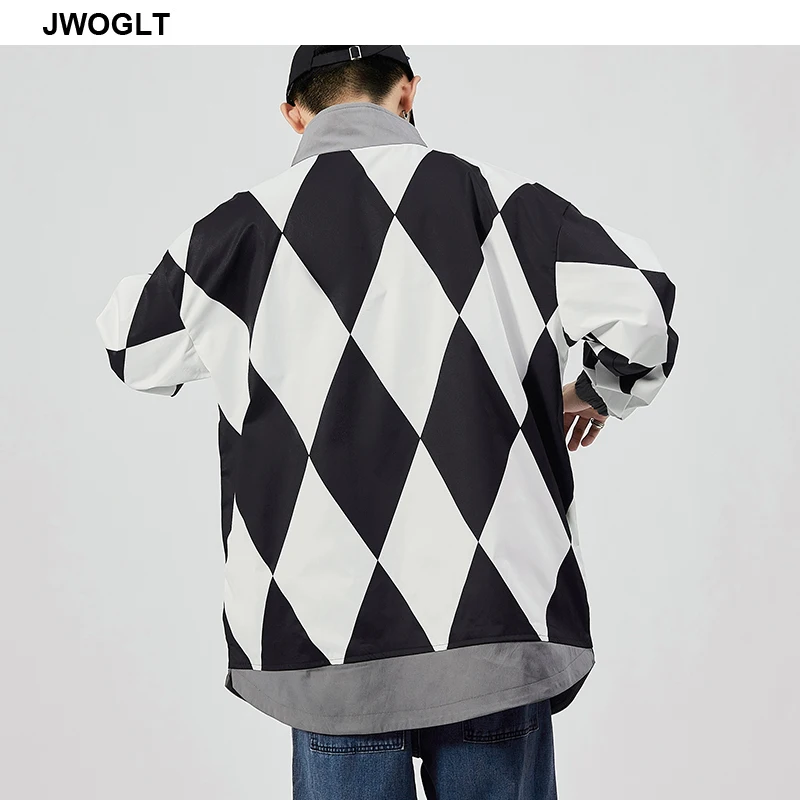 

Japanese Jacket Harajuku Geometric Rhombus Autumn New Men's Loose Casual Pullover Jacket Outwear 4XL 5XL