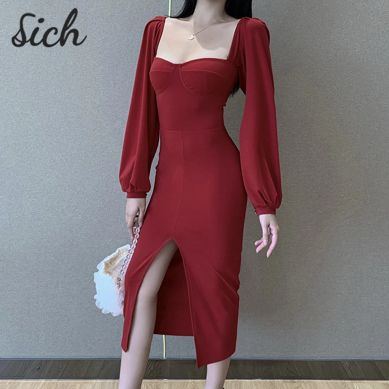 

Pure Color Dress Women's Elegant Long Sleeve Slim Sexy Club Dress Retro Fashion Wild Women's Gothic Y2k Harajuku Dresses