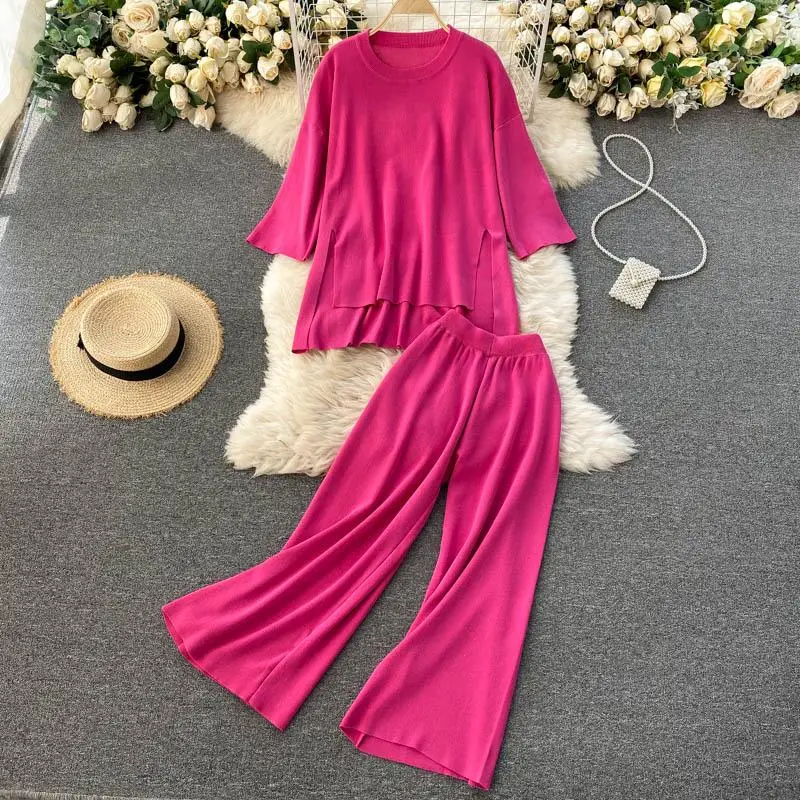 Фото Women Solid Knit Sweaters Pants Sets Half Sleeve Loose Split Pullovers Trousers 2PCS Outfits Women Solid Knit Sweaters Pants Sets Half Sleeve Loose Split Pullovers Trousers 2PCS Outfits