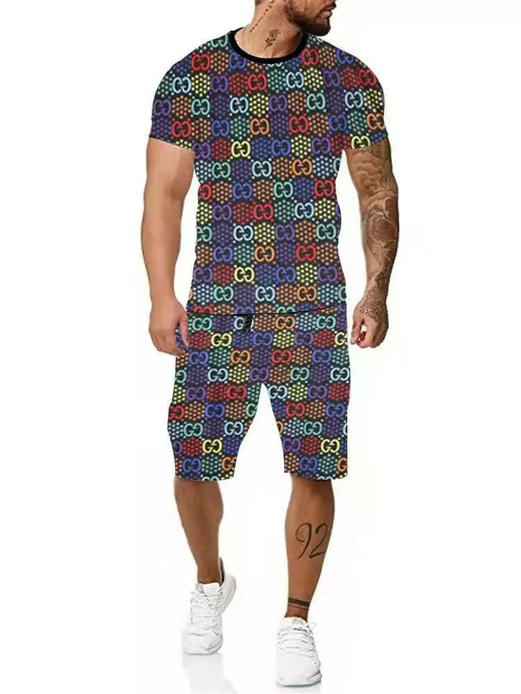 

Spring/summer New Men's Middle Collar Short Sleeve Shorts Suit High-Definition Printed Polyester Thin Clothing