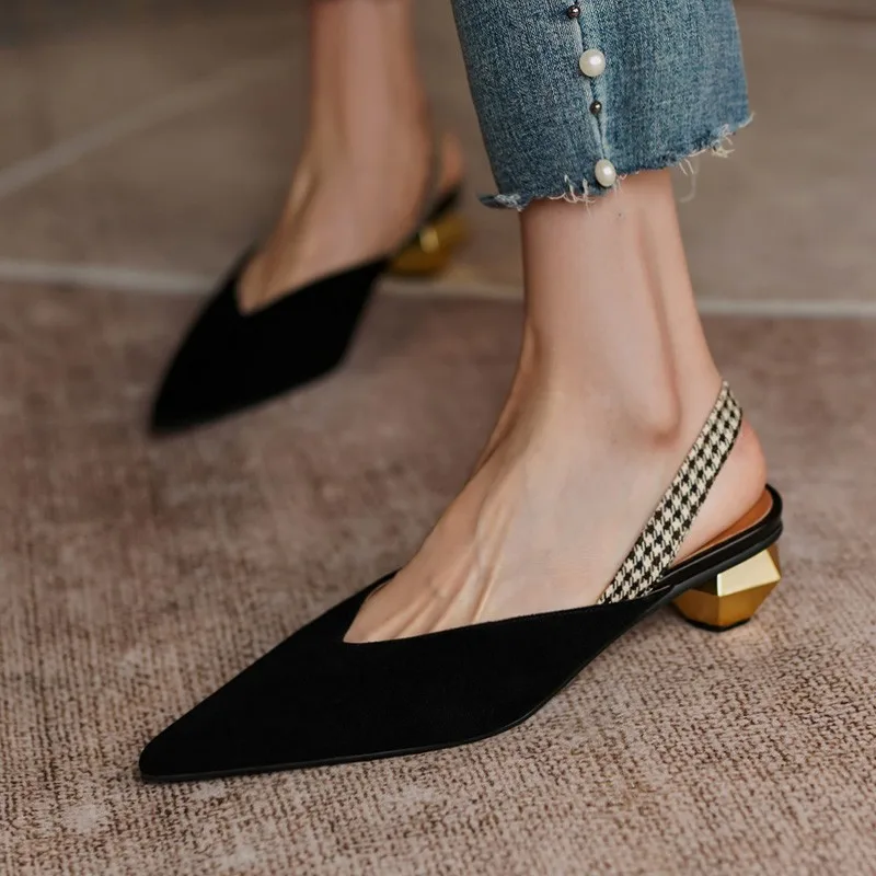 

French Retro Kid Suede Leather Women Sandals Pointed Toe V-cut Elegant Plaid Fabric Medium Heels Party Shallow Shoes Size 33 40