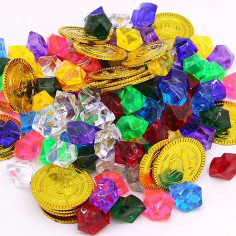 

100PCS Fake Gems Diamonds 20PCS Pirate Coins Treasure Children Play Toy Kit Acrylic Clear Diamond Jewels Treasure Chest Acrylic