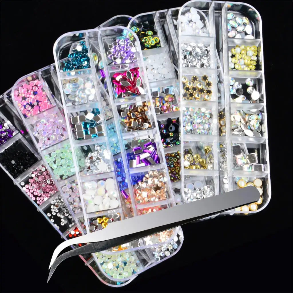 

12 Grids+Tweezers Crystal Rhinestone 3D Flash Jewelry Glass Diamond Gem Nail Art Decoration