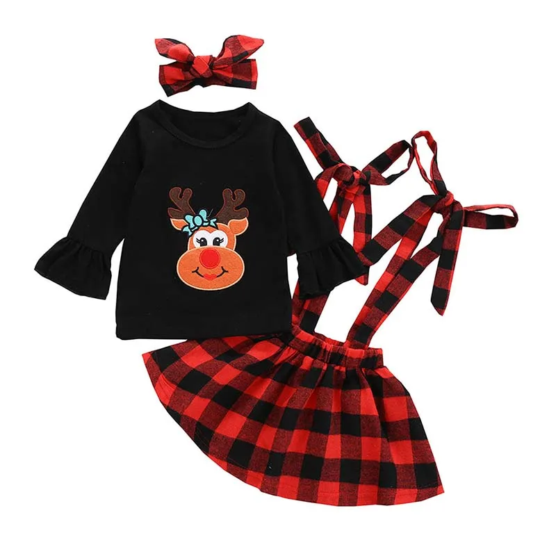 

3Pcs Little Girls Plaid Christmas Sets Kids Winter Black T-shirt Tops+Strap Dress Suit Deer Costume Clothes for Baby Girls 1-5Y