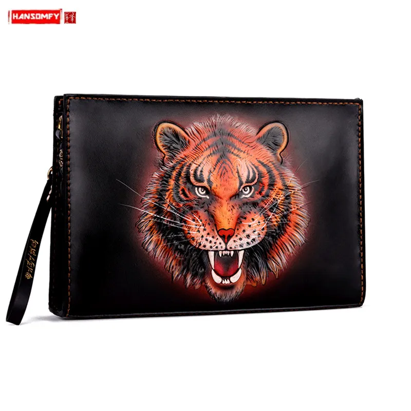 Envelope Bag Handbag Leather Carved Clutch Messenger Bag Clip Bag Tiger Head Tide Brand Leather Vintage Soft Retro Casual