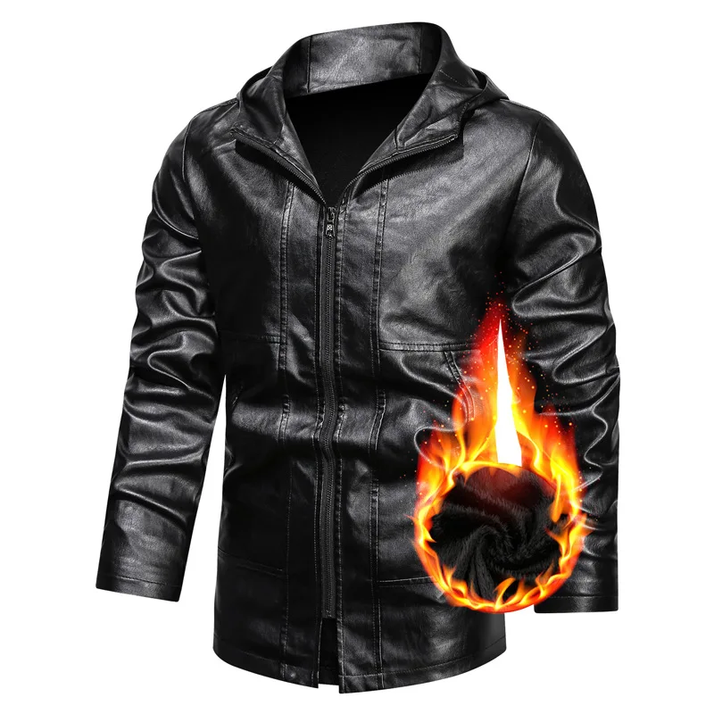 

AIOPESON Long Style Hoodie Leather Jacket Men Casual Solid Color Zipper Plus Velvet Mens Leather Jackets New Winter Jacket Men