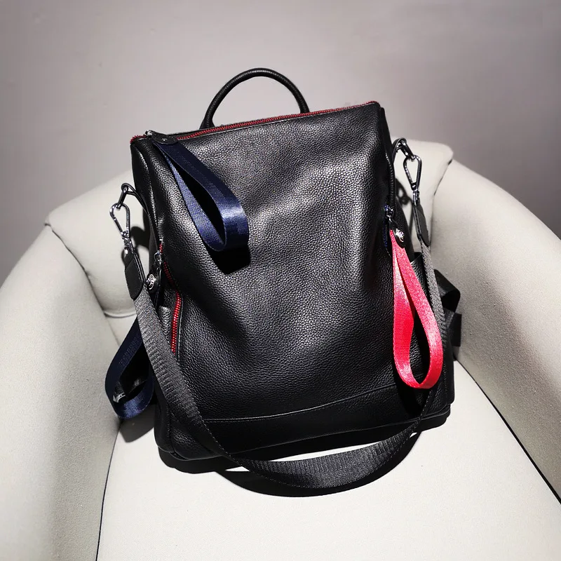 

Hit Color Zipper Design Anti-theft Women Backpack Big Capacity Genuine Leather Knapsack Convertible Shoulder Bags Schoolbag