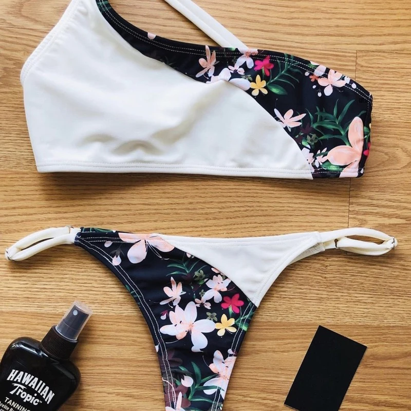 

Bikini 2020 New One Shoulder Bikini Split Print Swimsuit Sexy 2 Piece Set Women Swimsuit Women