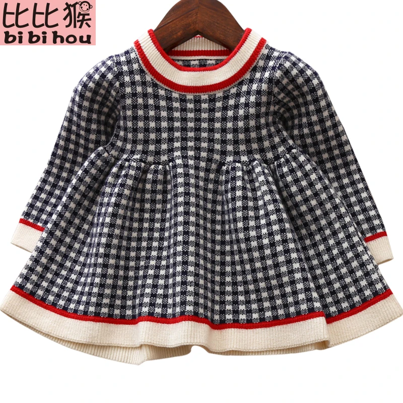 Вязаное платье для девочек Осень-зима 2019 одежда в клетку Детские платья