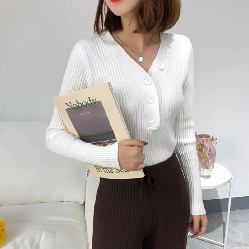 Women Casual V-Neck Sweaters Solid Winter Wear Sexy Ladies Long Sleeve Single Breasted Slim Fit Jumper Clothes | Женская одежда