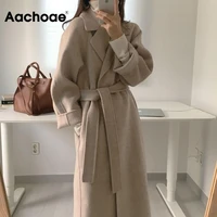 aachoae women elegant long wool coat with belt solid color long sleeve chic outerwear ladies overcoat autumn winter 2021