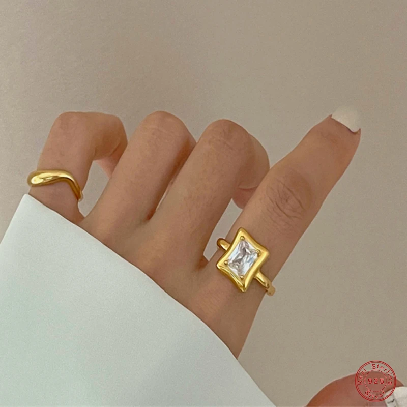 

925 Sterling Silver Fashion Rings Women Plating 14k Gold Inlaid Rectangle Zircon Geometric Adjustable Ring Wedding Jewelry Gift