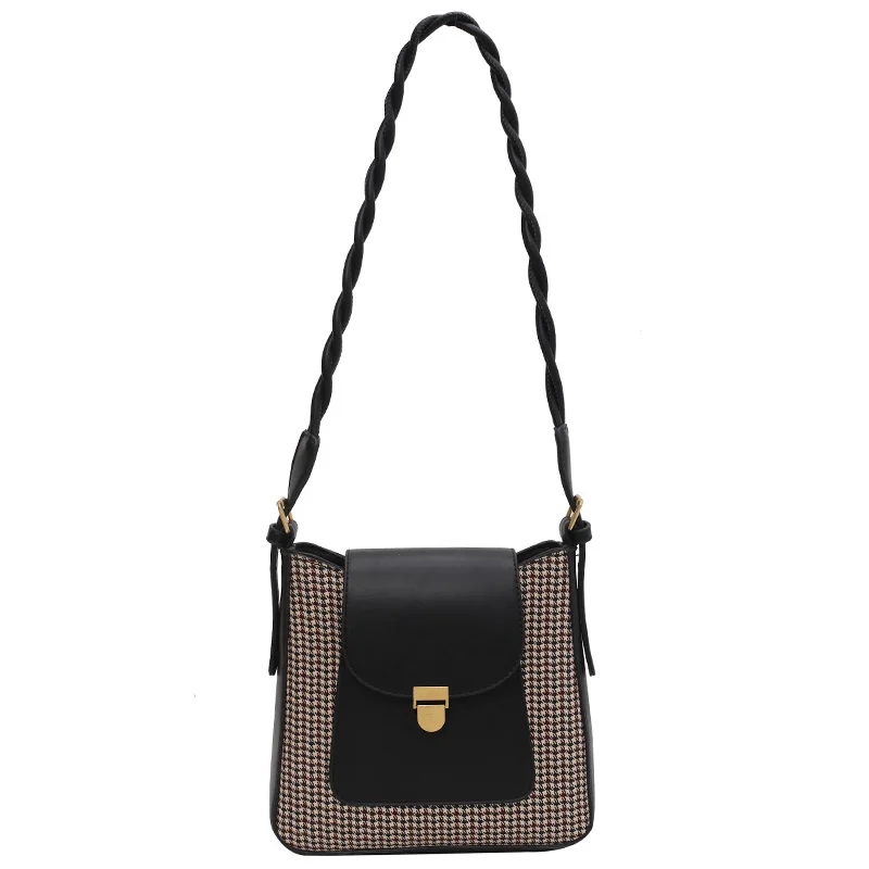 

Vintage PU Leather Plaid Bucket Bags 2021 Branded Crossbody Shoulder Hand Bag Lady Trending Handbags and Purses