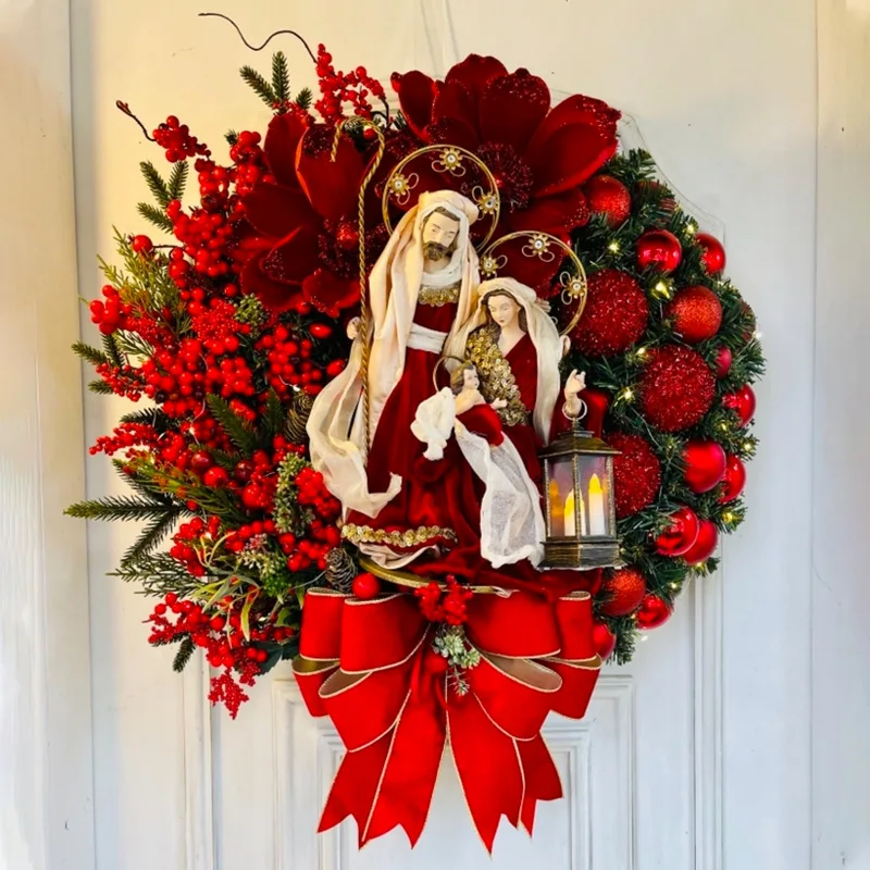 Corona de Navidad sagrada con luces artificiales, adornos colgantes de pared para puerta delantera, decoraci&oacute;n de &aacute;rbol de Feliz Navidad, 40cm-0