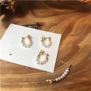 AOMU Korean Chic Style S925 Sterling Silver Pin Gold Metal Curved Wave Line Pearl Circle Earrings for Women Girl Jewelry Set