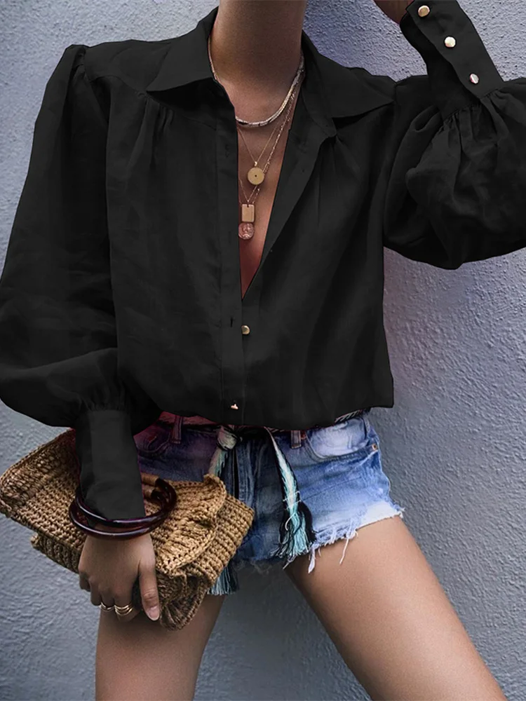

OL style lantern sleeve women tops Autumn 2019 Turn collar long sleeve shirt Elegant office ladies blusa Solid blusas mujer