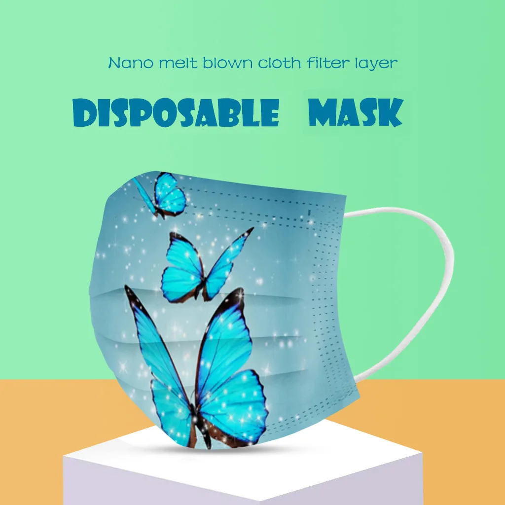 

50PC Butterfly Printed Woman Face Mask Pm2.5 Filter Mascarilla Adult Unisex Disposable Face Mask 3ply Ear|oop Dustproof Mask