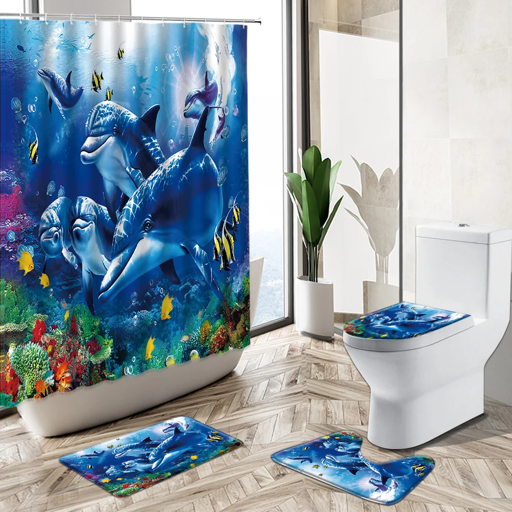 

3D Marine Animal Dolphin Shower Curtain Underwater World Tropical Fish Whale Printing Non-Slip Rug Toilet Lid Cover Bath Mat Set